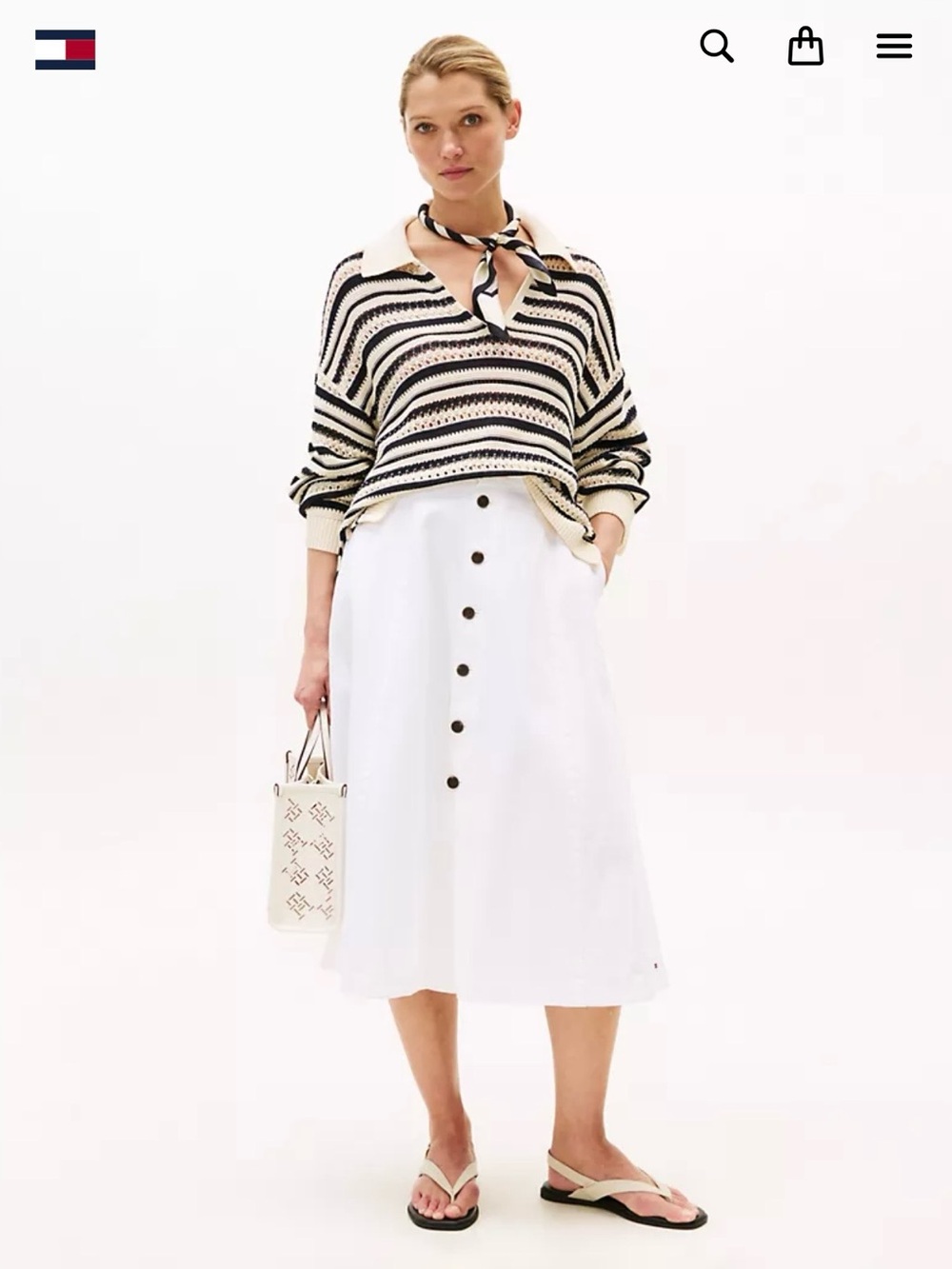 Tommy Hilfiger White Button-Front A-Line Midi Skirt